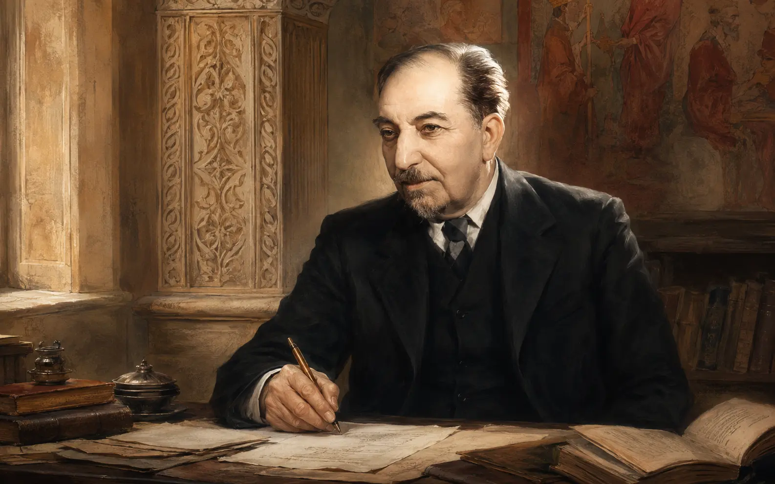 Illustrated portrait of Avetik Isahakyan